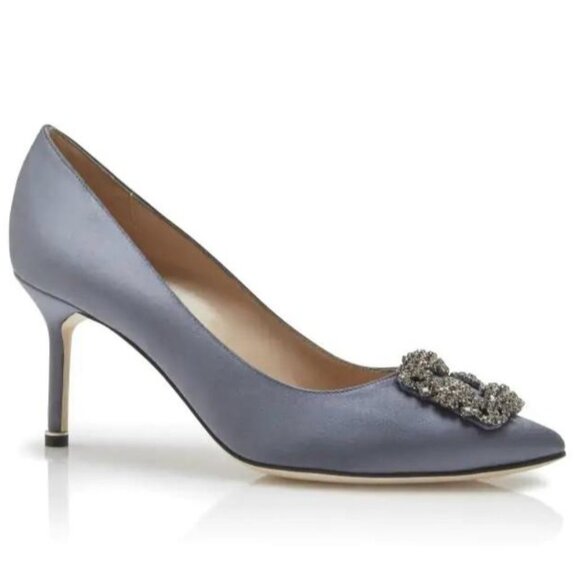 Manolo Blahnik Shoes - MANOLO BLAHNIK Hangisi Grey Satin Crystal Embellished Pumps Size EU38.5